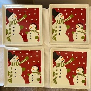 Crate&Barrel Christmas Red Snowman by Joan Anderson Plates Set of 4, 2017